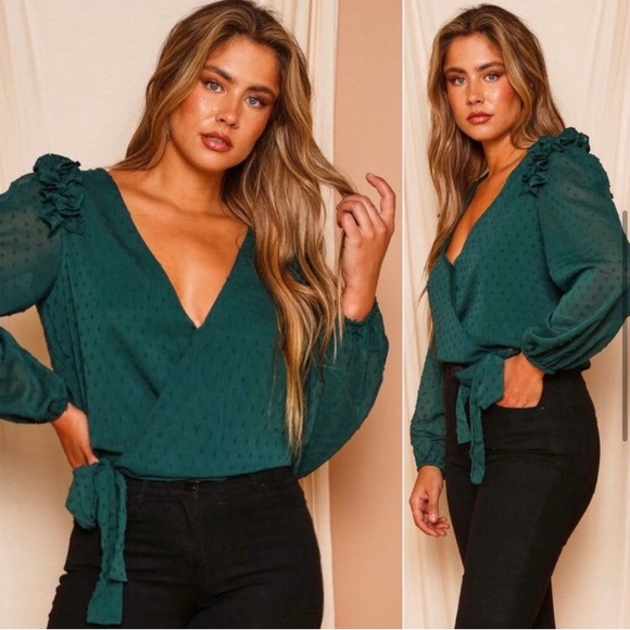 Women’s hunter green Swiss dot surplice holiday wrap blouse top - Picture 3 of 7